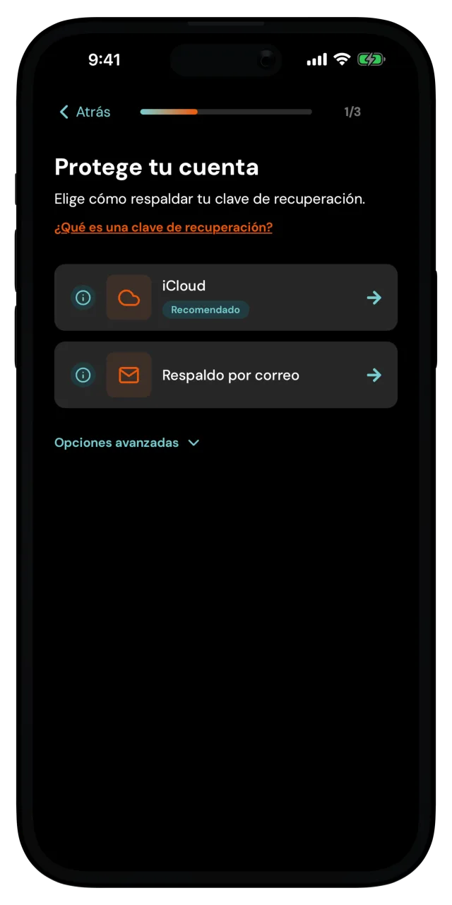 Pantalla Protege tu cuenta con opciones de respaldo en iCloud y por correo