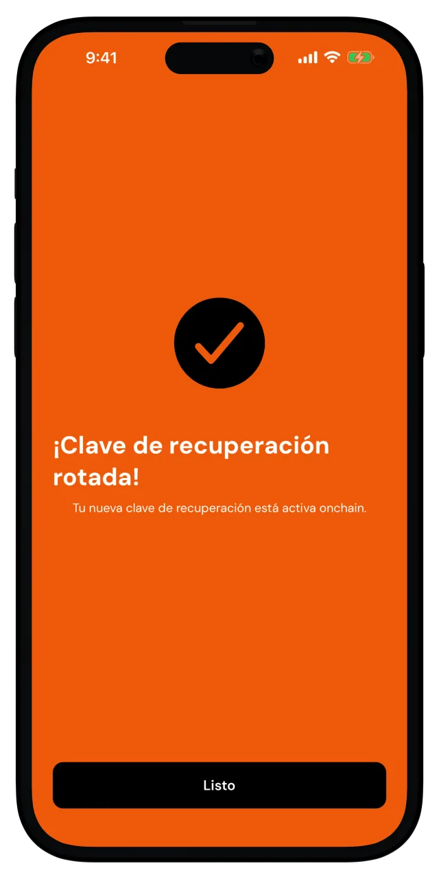 Pantalla de éxito que confirma la rotación de la clave de recuperación