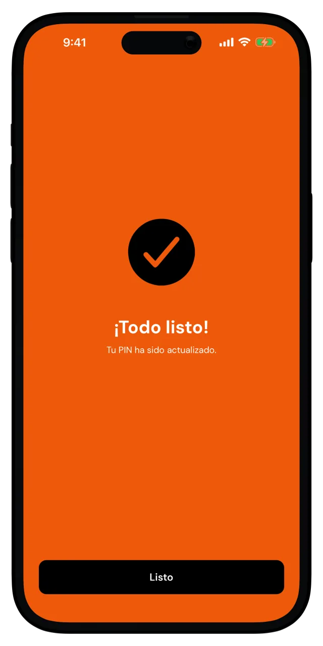 Pantalla de éxito que confirma el cambio de PIN