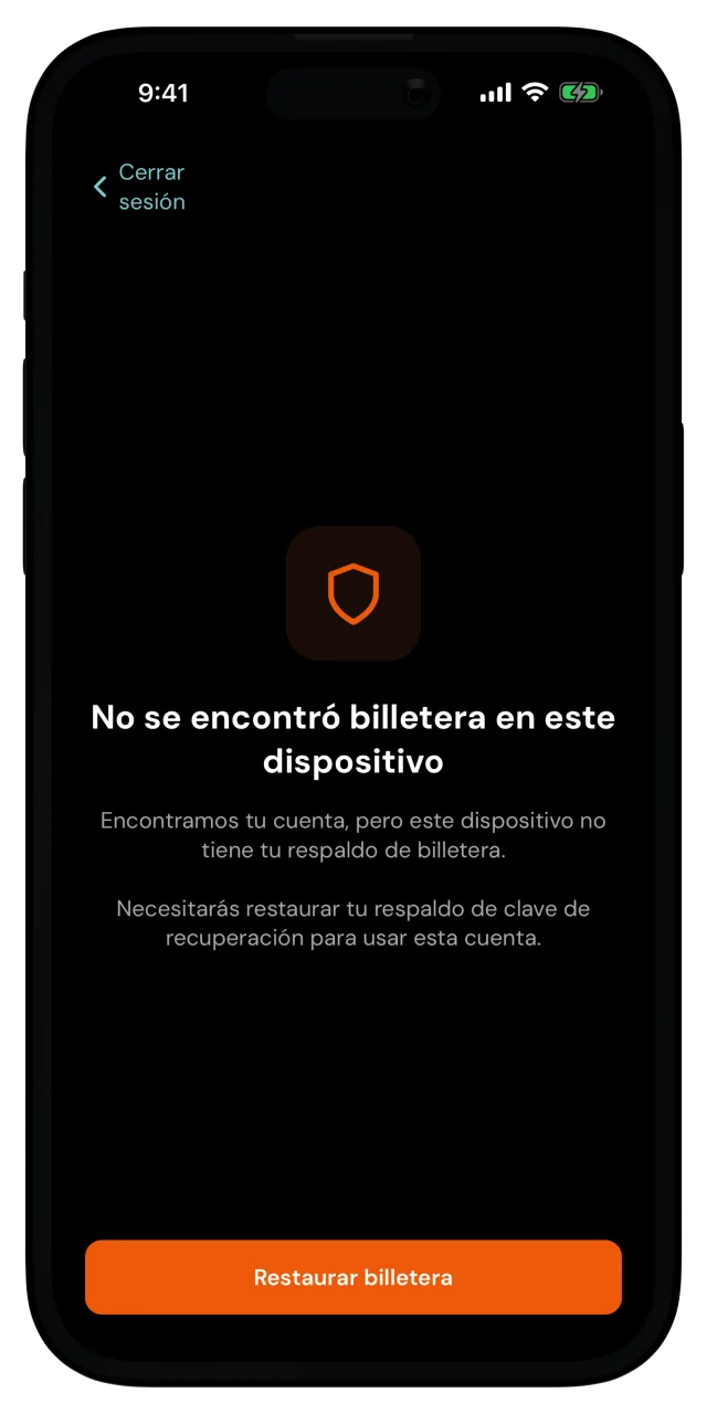 Pantalla No se encontró billetera en este dispositivo con el botón Restaurar billetera