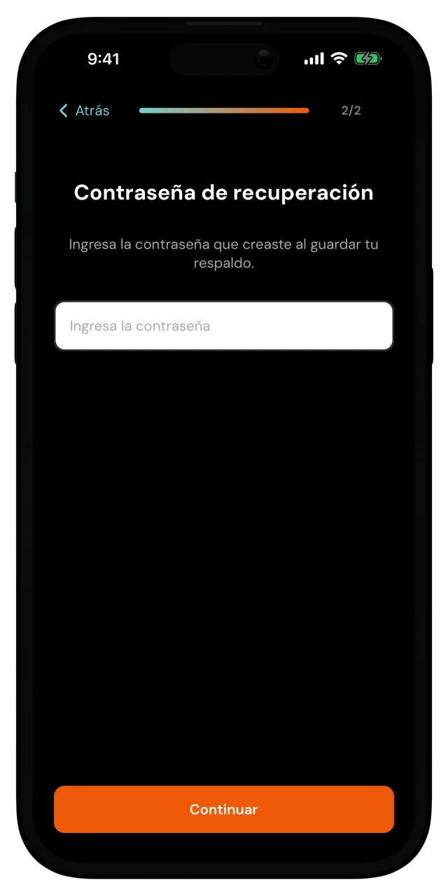 Pantalla Contraseña de recuperación con el campo de contraseña