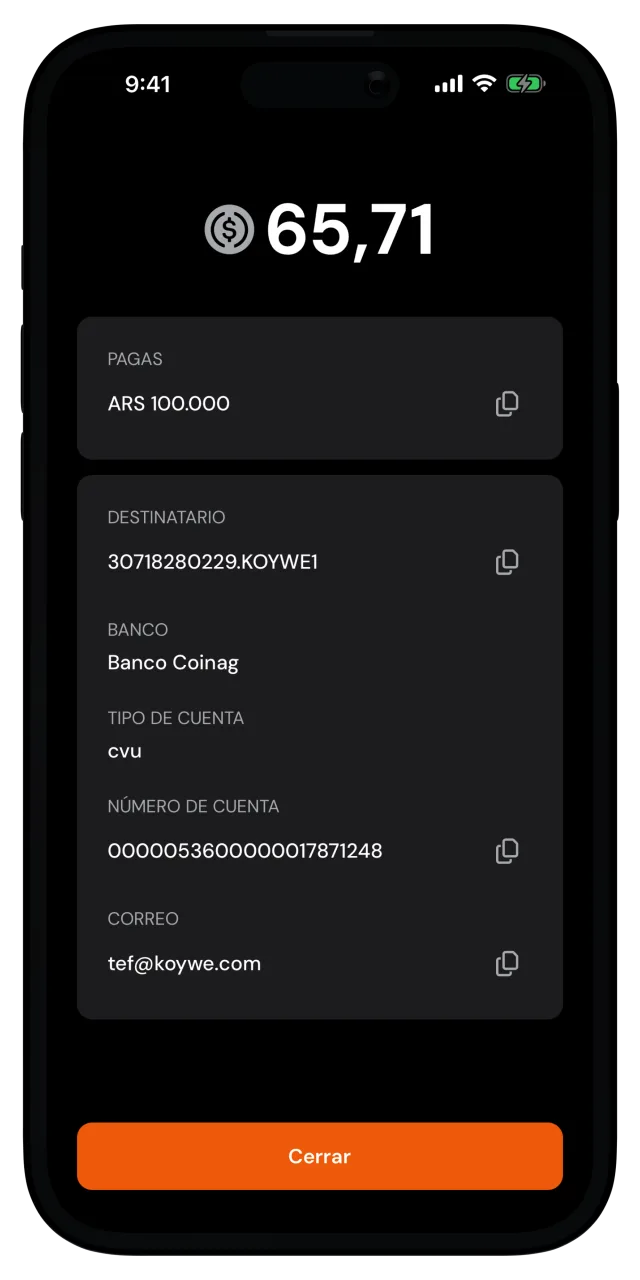 Pantalla de datos de pago con el monto, el destinatario y el número de cuenta