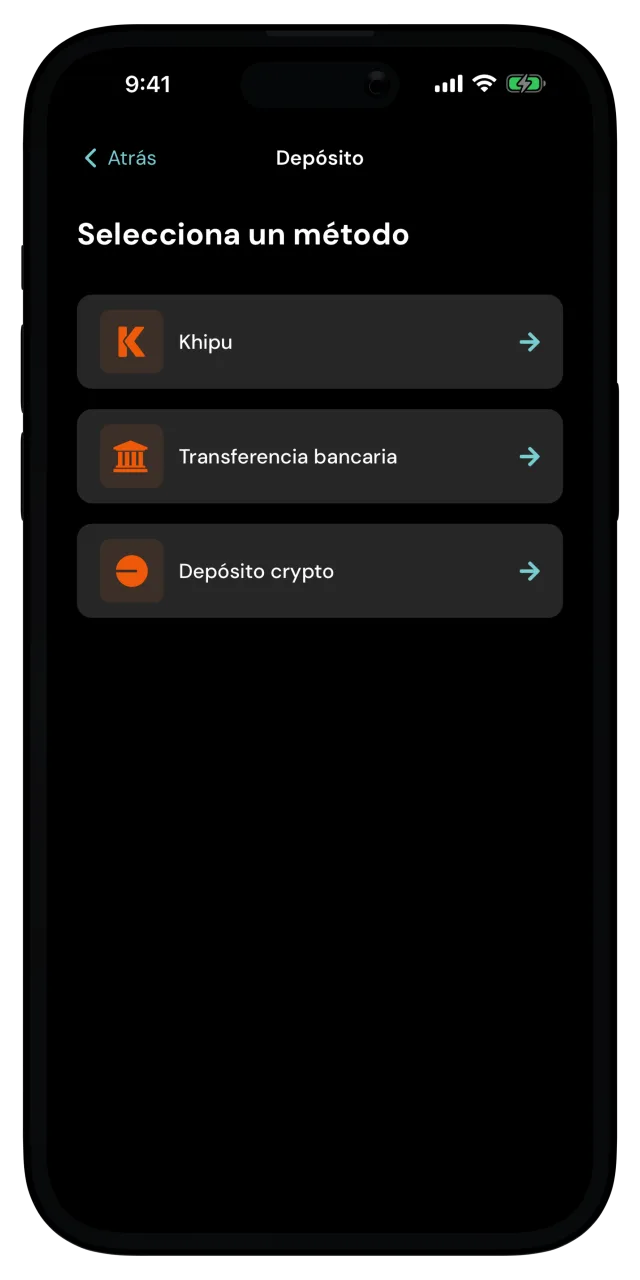 Pantalla de Depósito con Khipu, Transferencia bancaria y Depósito crypto