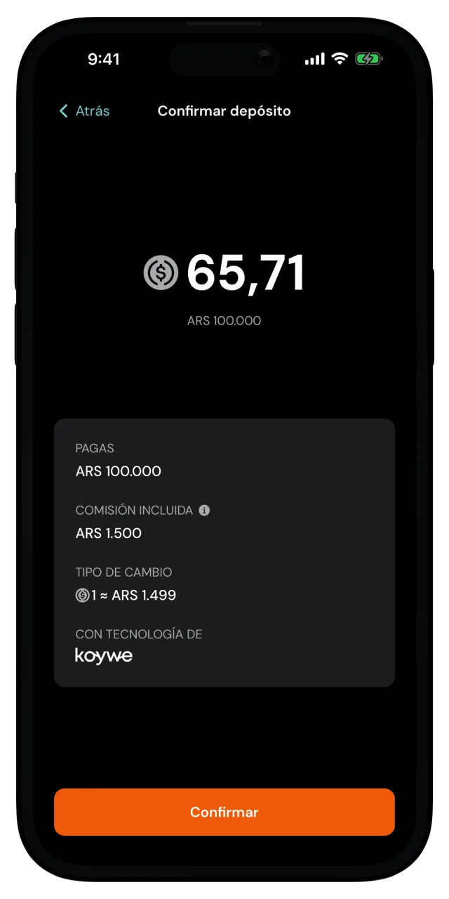 Pantalla Confirmar depósito con el monto, la comisión incluida y el tipo de cambio