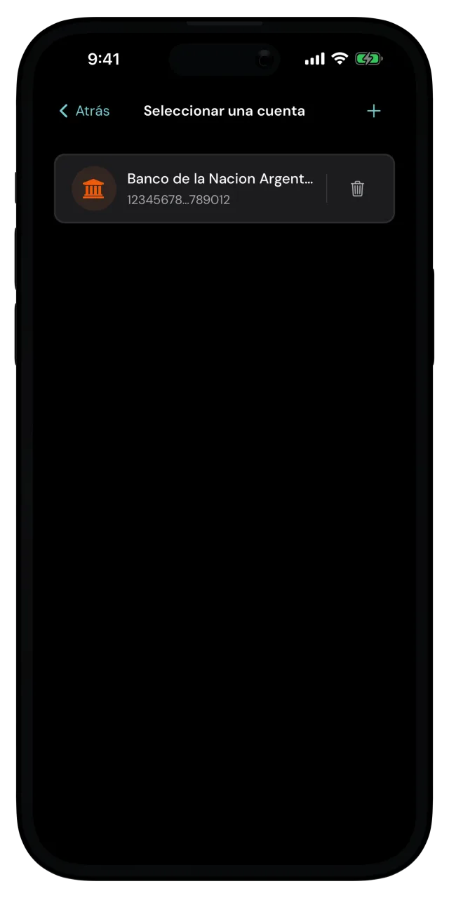 Pantalla Seleccionar una cuenta con una cuenta bancaria guardada