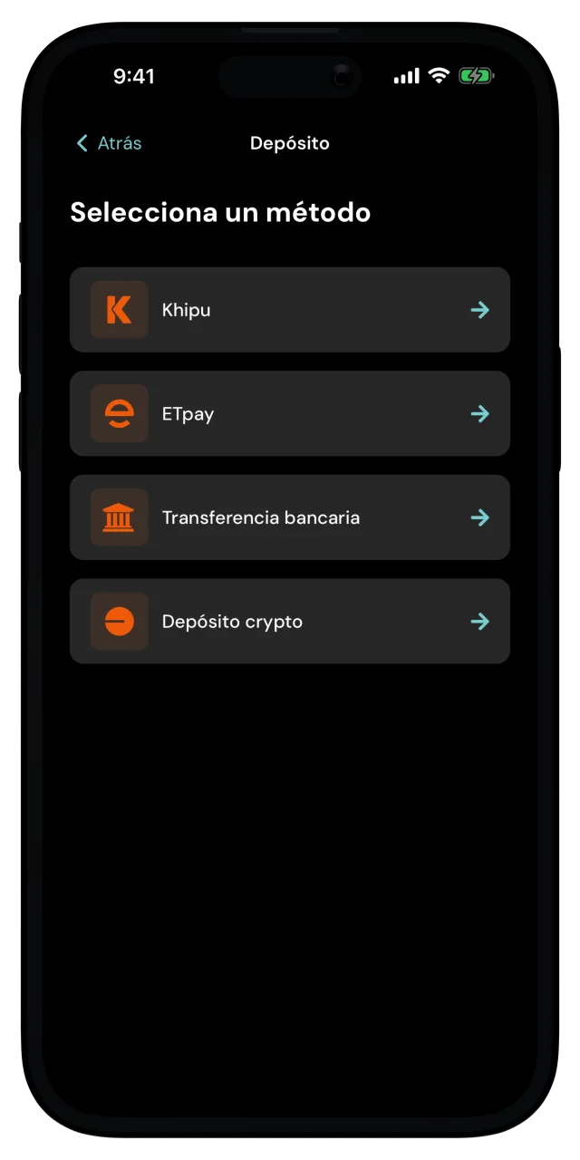 Pantalla de Depósito con Khipu, ETpay, Transferencia bancaria y Depósito crypto