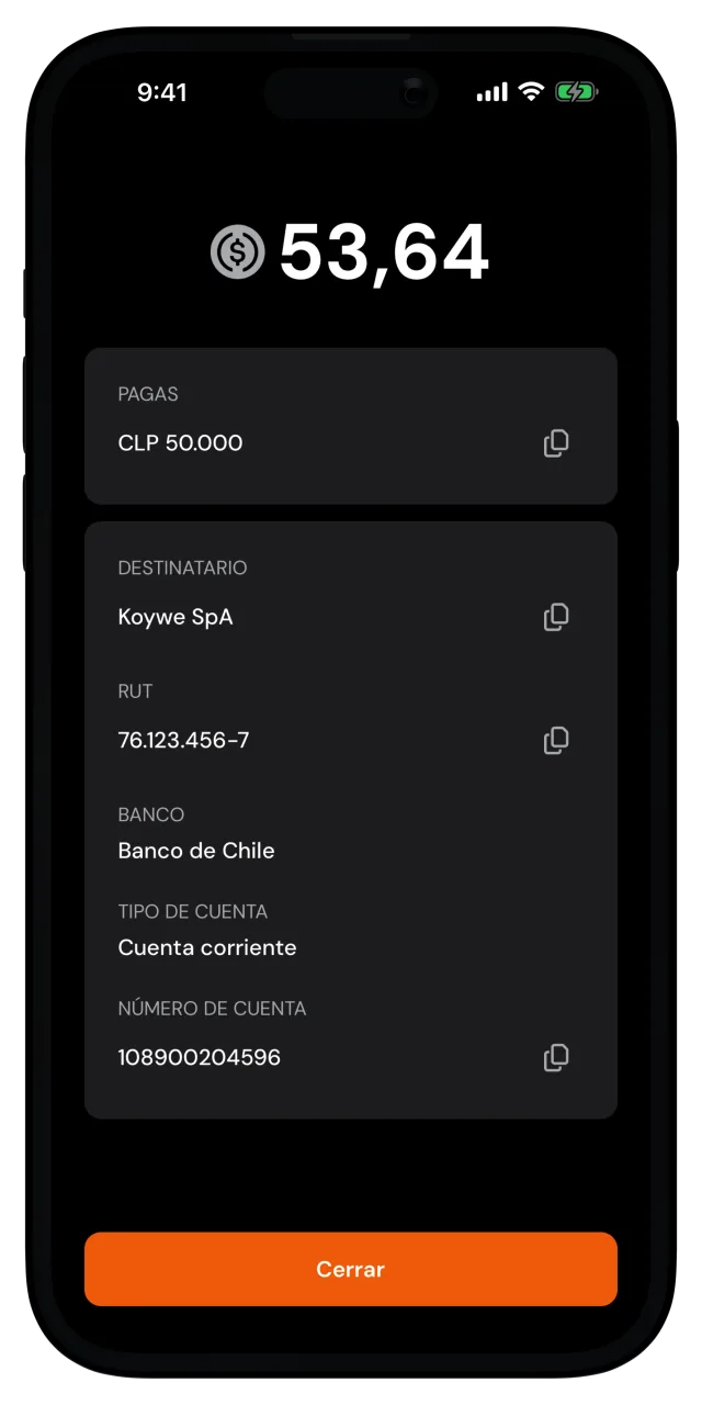 Pantalla de datos de pago con el monto, el destinatario y el número de cuenta
