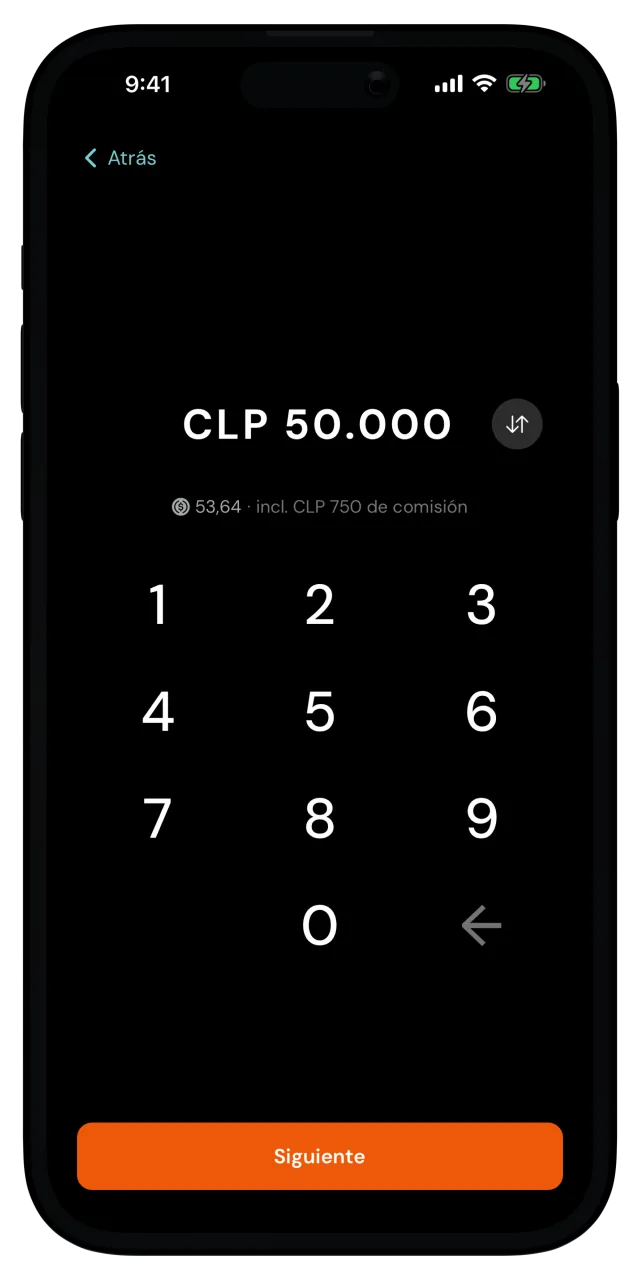 Pantalla de monto del depósito con 50.000 pesos chilenos ingresados