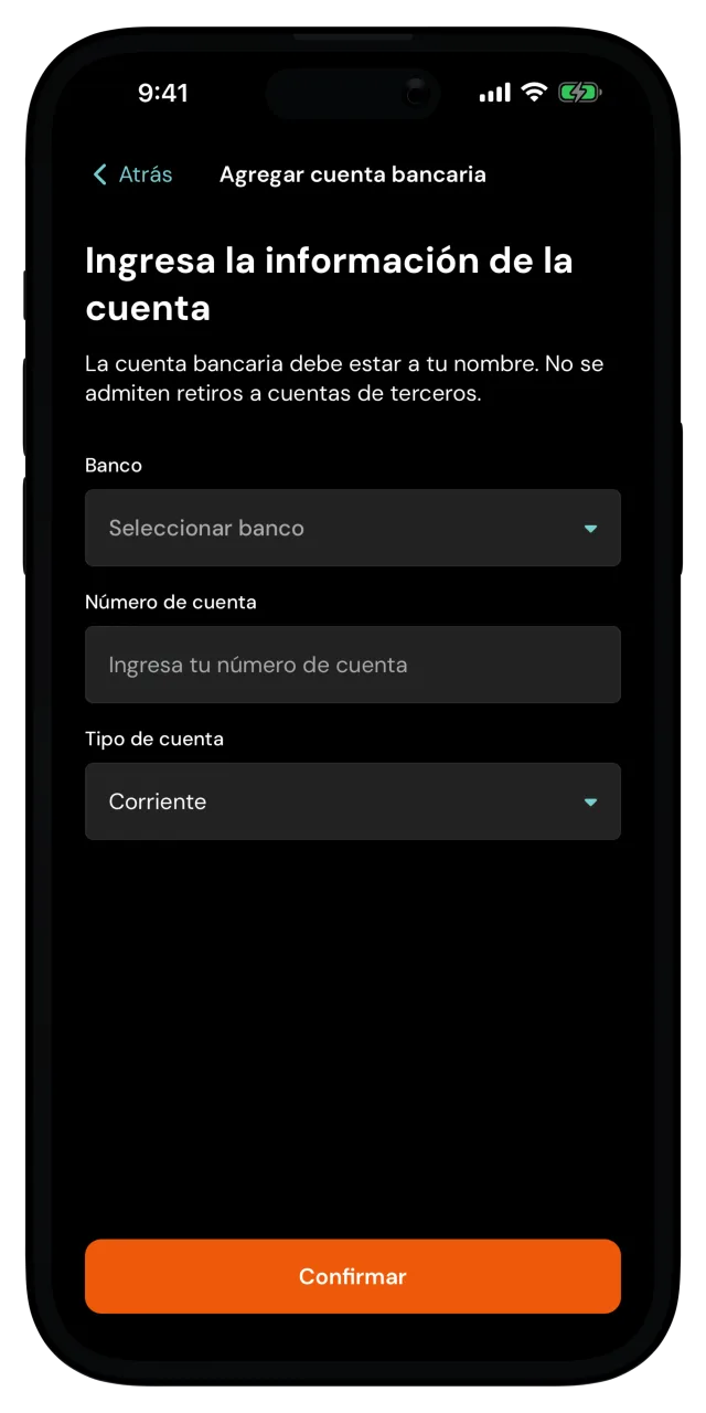 Pantalla Agregar cuenta bancaria con los campos Banco, Número de cuenta y Tipo de cuenta