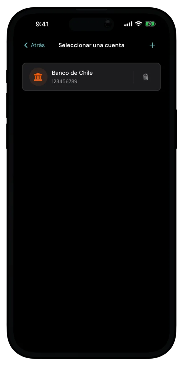 Pantalla Seleccionar una cuenta con una cuenta bancaria guardada