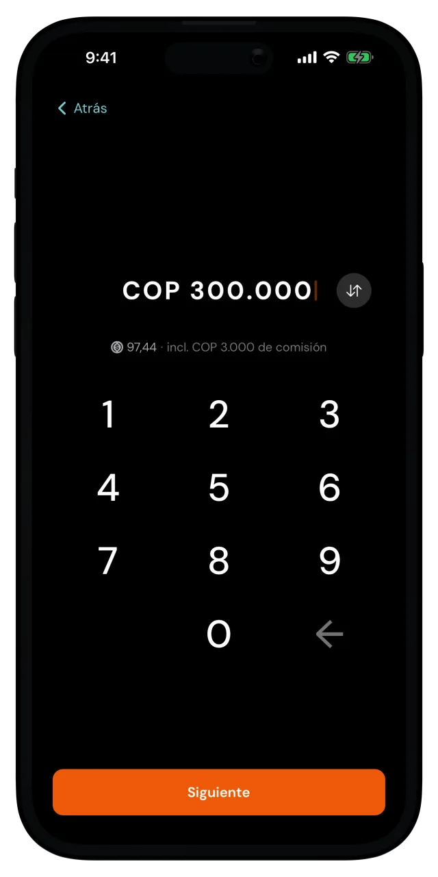Pantalla de monto del depósito con 300.000 pesos colombianos ingresados