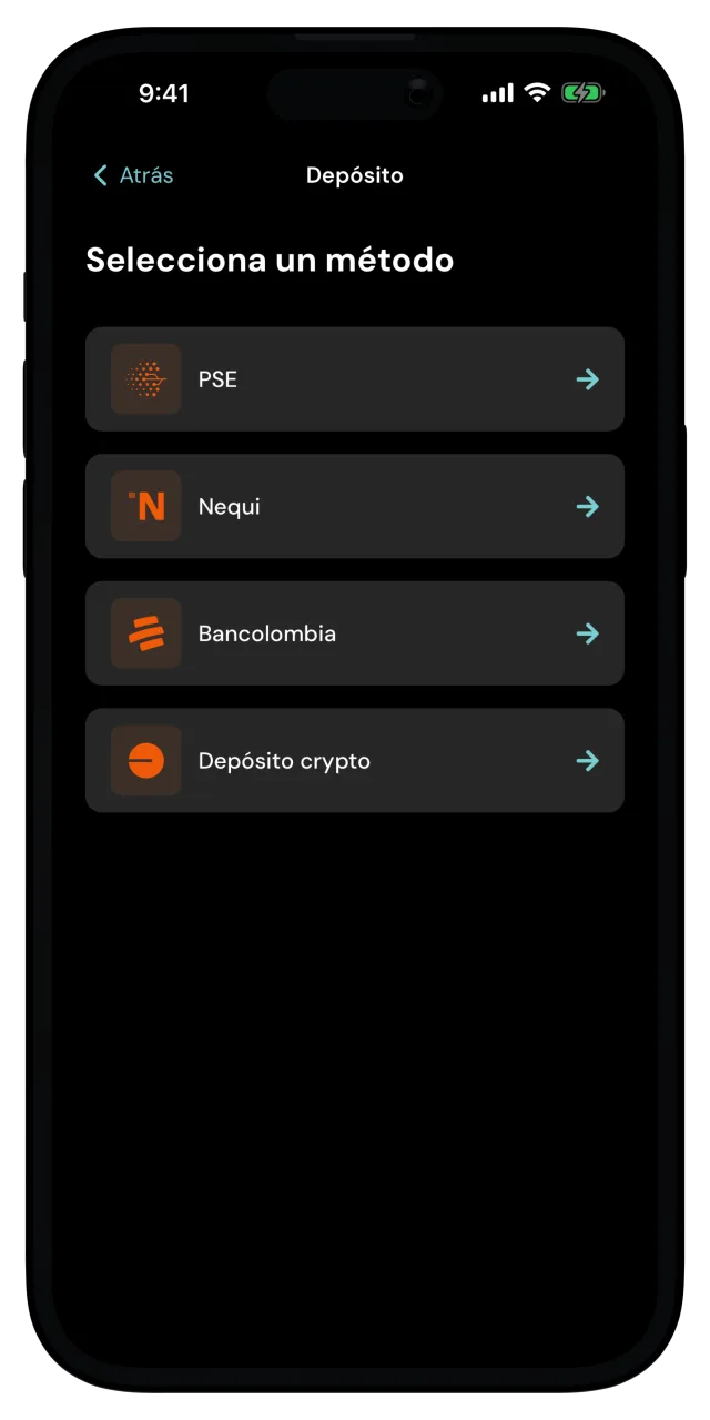 Pantalla de Depósito con PSE, Nequi, Bancolombia y Depósito crypto