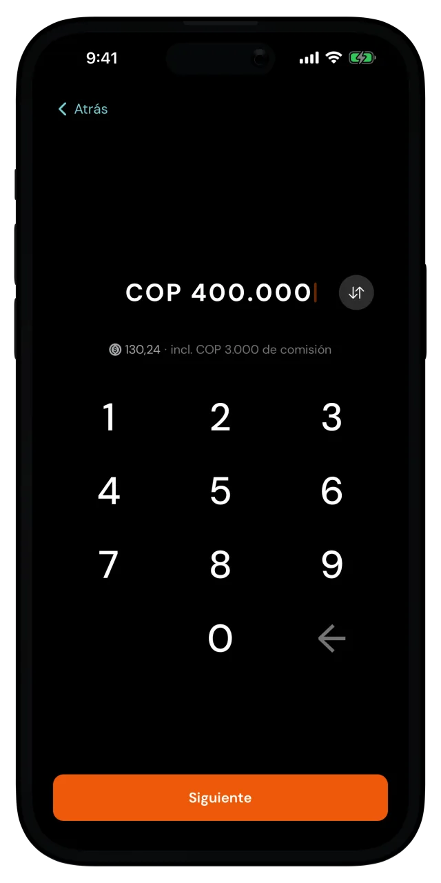 Pantalla de monto del depósito con 400.000 pesos colombianos ingresados
