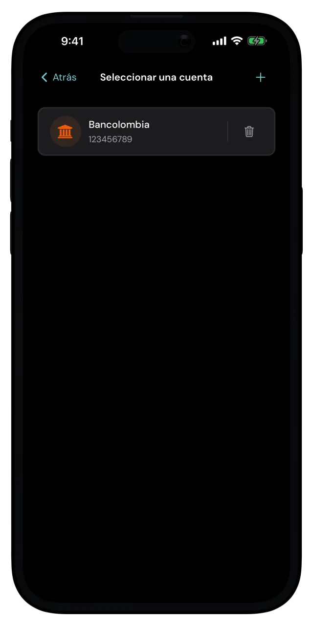Pantalla Seleccionar una cuenta con una cuenta bancaria guardada