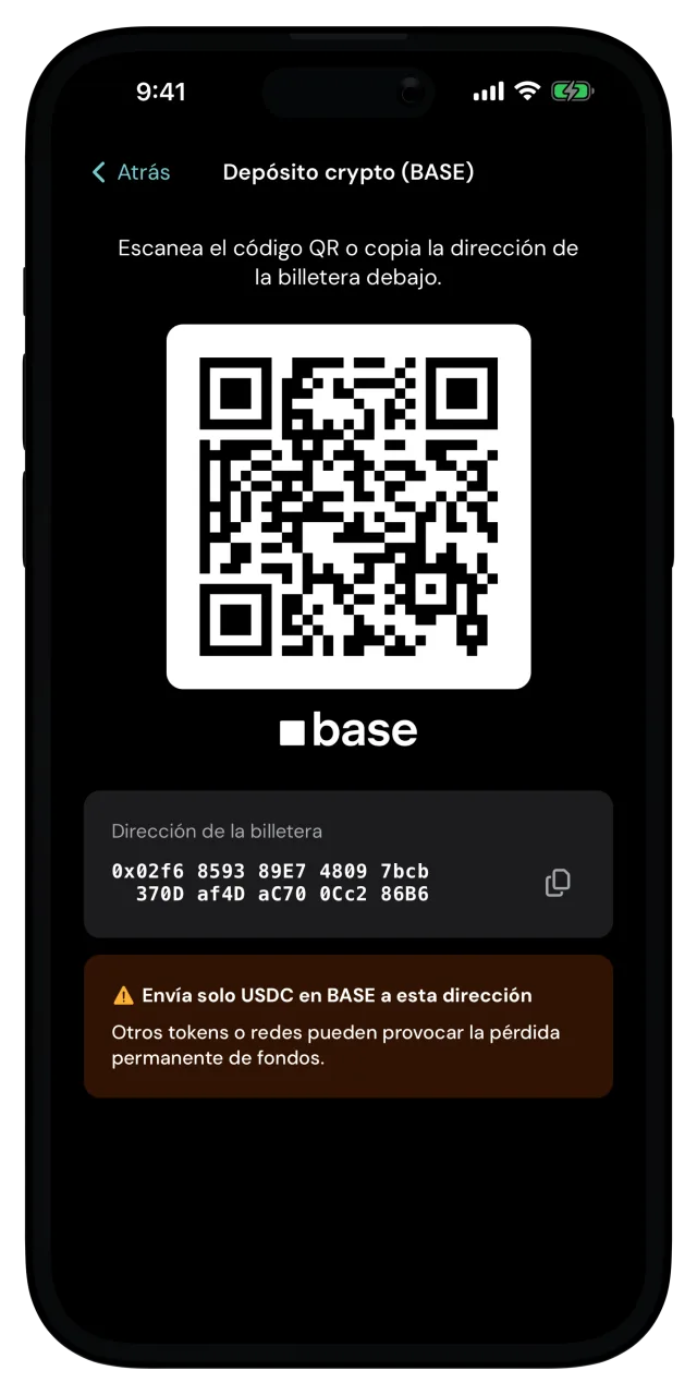 Pantalla Depósito crypto (BASE) con el código QR y la dirección de la billetera