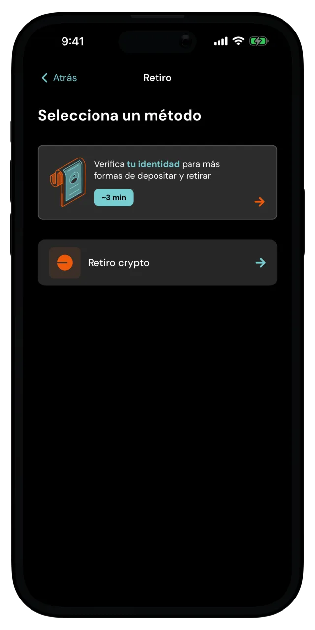 Pantalla de Retiro con la opción Retiro crypto