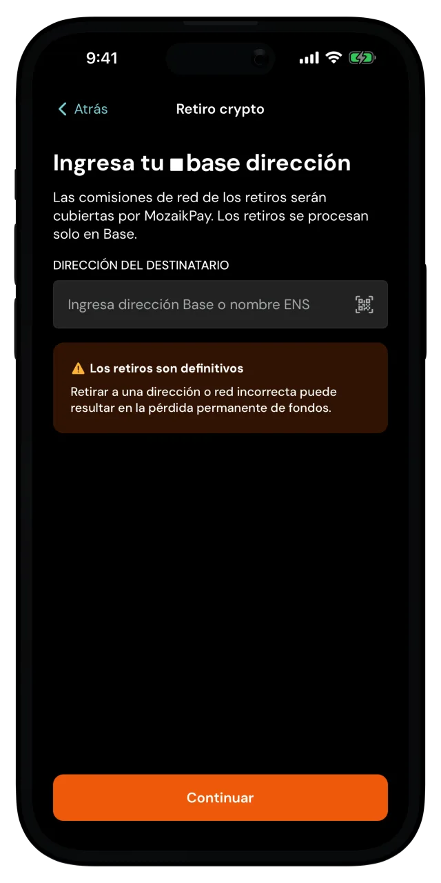 Pantalla Ingresa tu dirección Base con el campo de dirección del destinatario