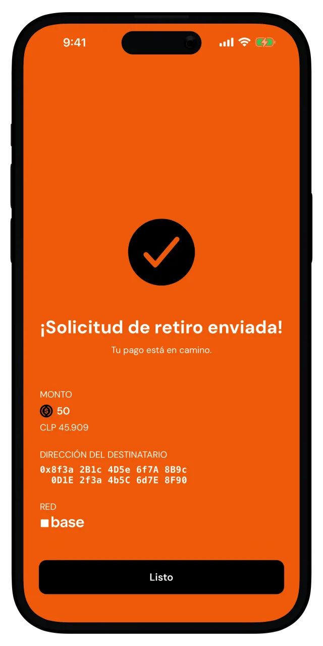 Pantalla de éxito que confirma el envío de la solicitud de retiro