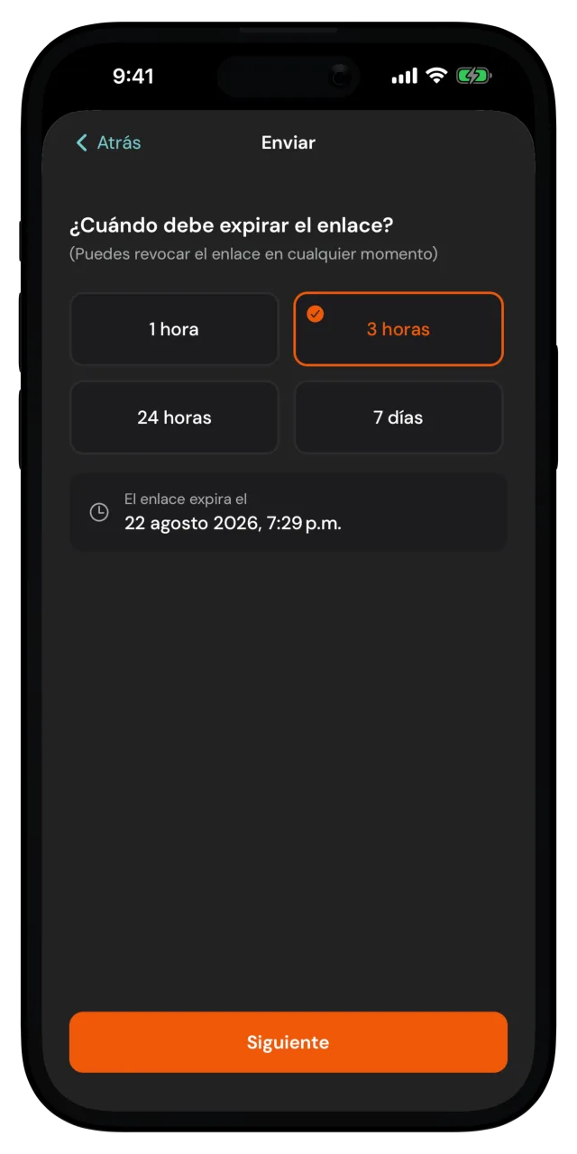 Pantalla para elegir cuándo expira el enlace, con opciones de 1 hora a 7 días