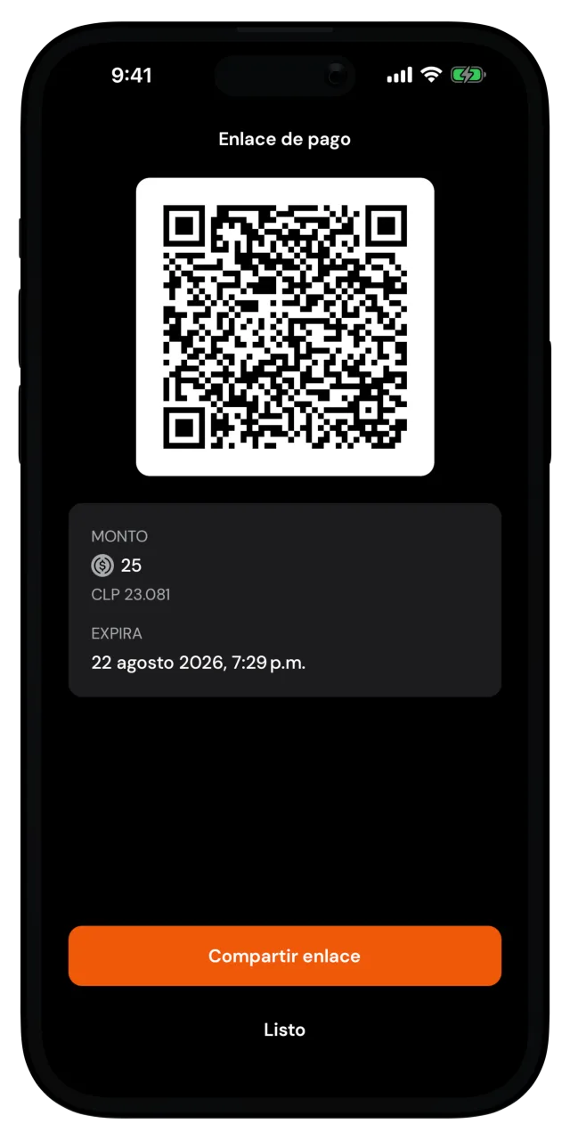 Pantalla Enlace de pago con código QR, el monto, la expiración y el botón Compartir enlace
