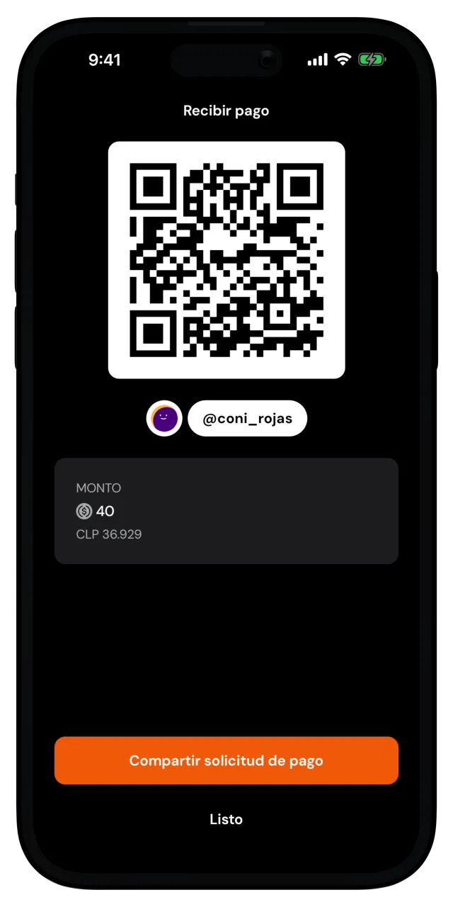 Pantalla Recibir pago con código QR, el monto y el botón para compartir la solicitud