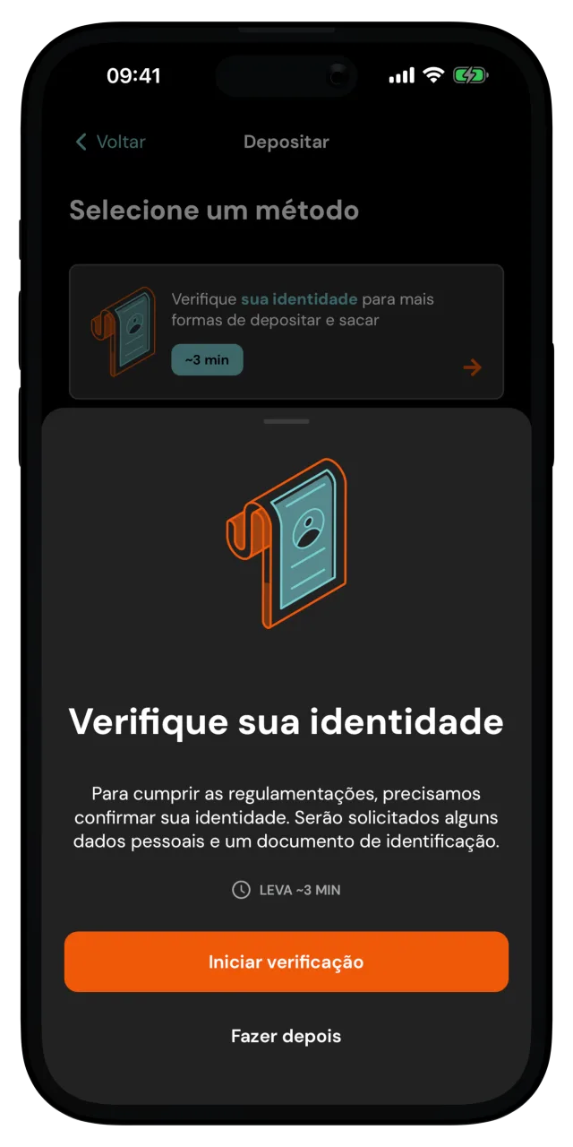 Tela de depósito com o cartão para verificar sua identidade e o botão de iniciar verificação