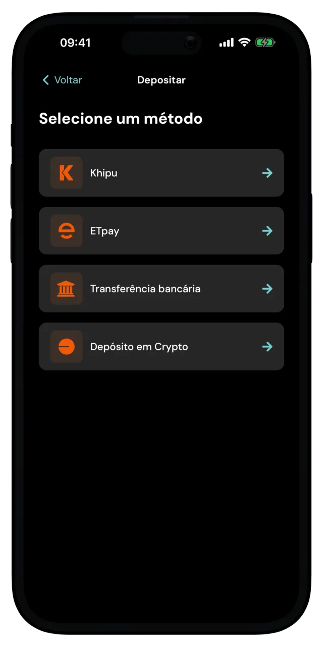 Tela de depósito com meios de pagamento locais, transferência bancária e depósito em cripto