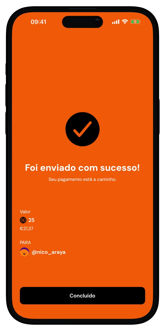Tela de envio bem-sucedido com o valor e o destinatário