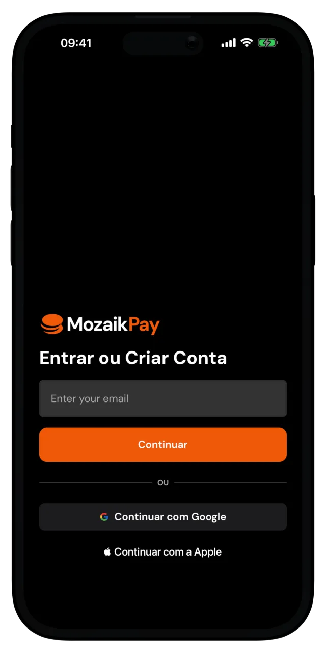 Tela de login ou cadastro com campo de e-mail e opções de Google e Apple