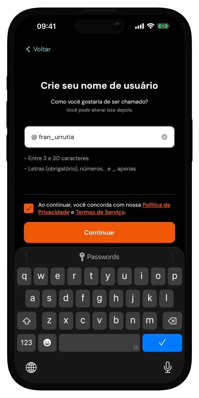 Tela de criação de nome de usuário com um nome digitado