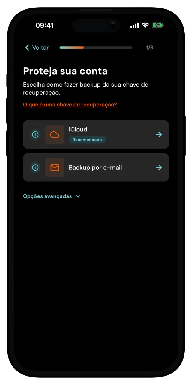 Tela Proteja sua conta com opções de backup no iCloud e por e-mail