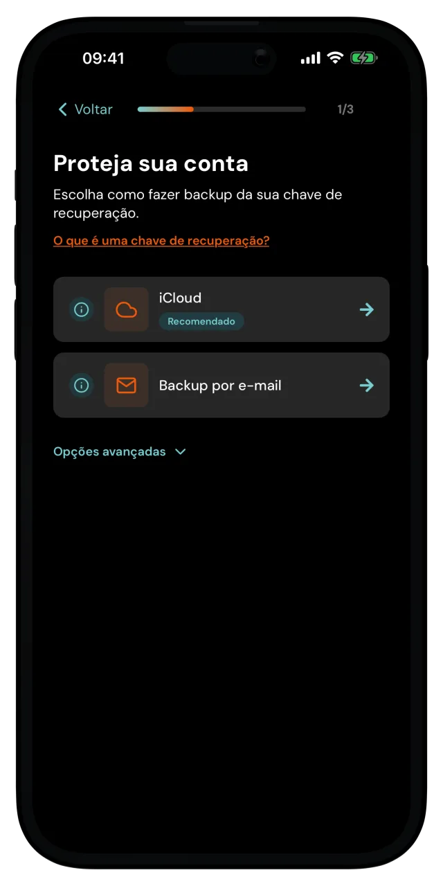 Tela Proteja sua conta com as opções de backup