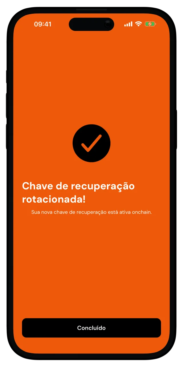 Tela de sucesso confirmando a rotação da chave de recuperação