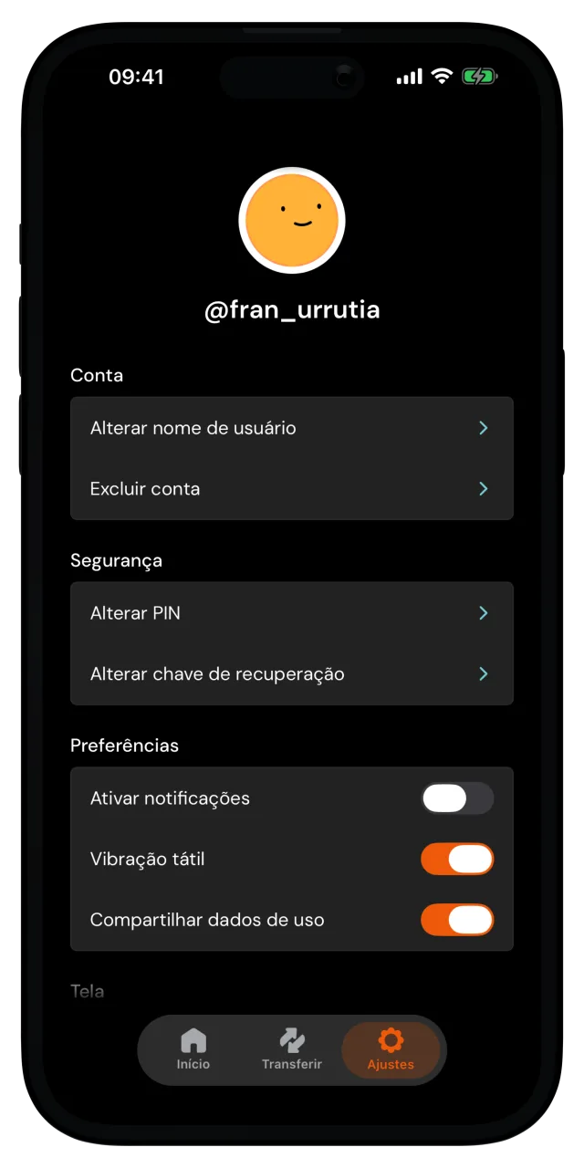 Aba Ajustes com a seção Segurança e Alterar PIN