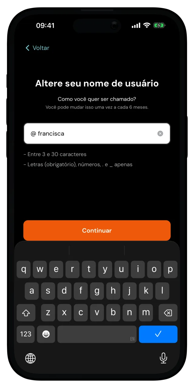 Tela Altere seu nome de usuário com um nome novo digitado