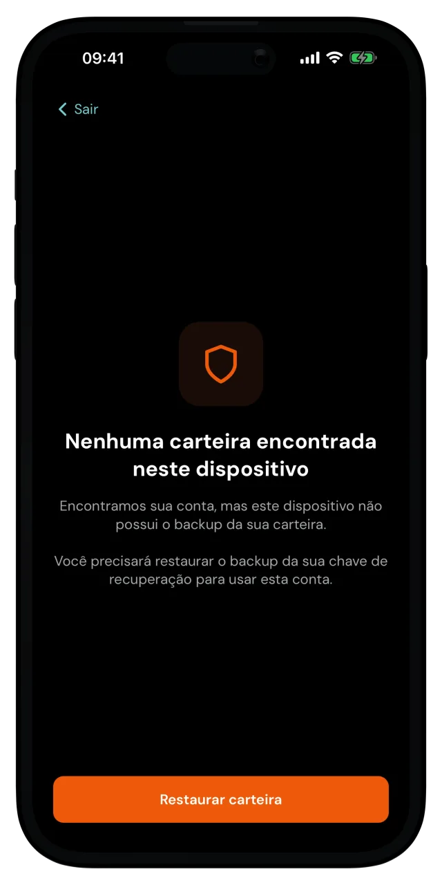 Tela Nenhuma carteira encontrada neste dispositivo com o botão Restaurar carteira