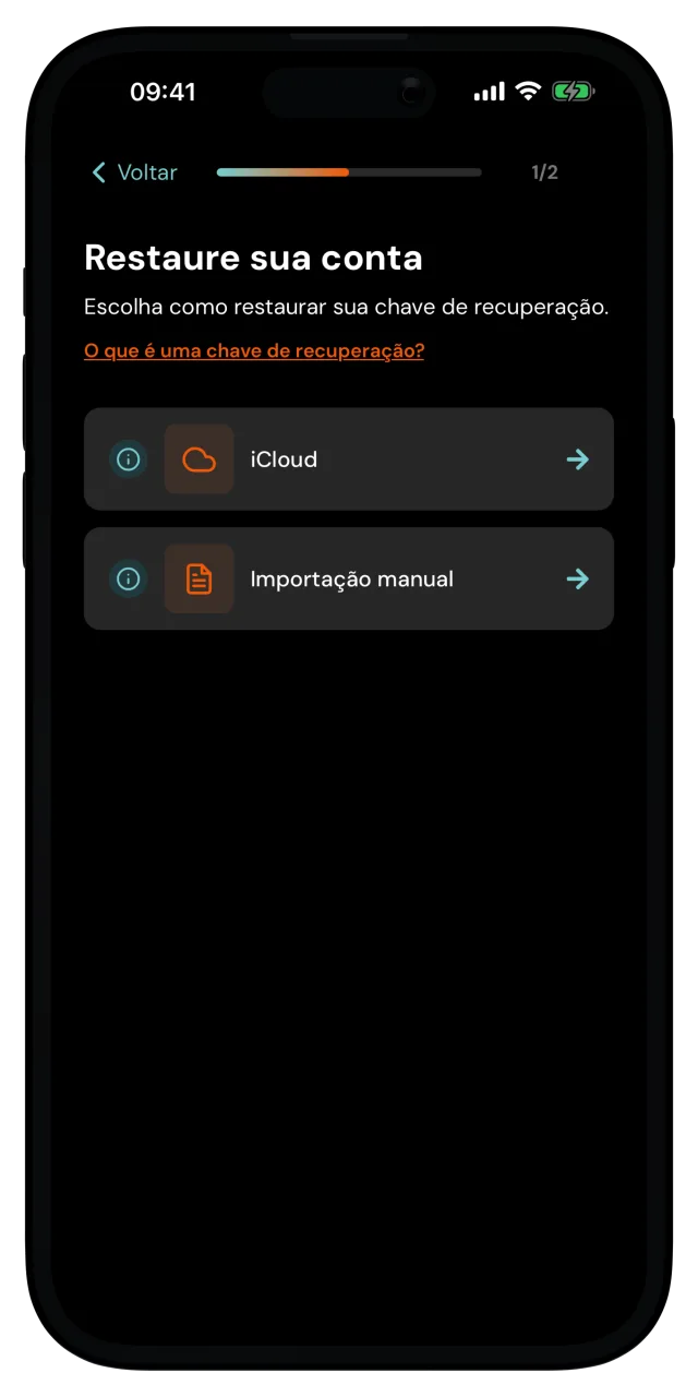 Tela Restaure sua conta com as opções iCloud e Importação manual