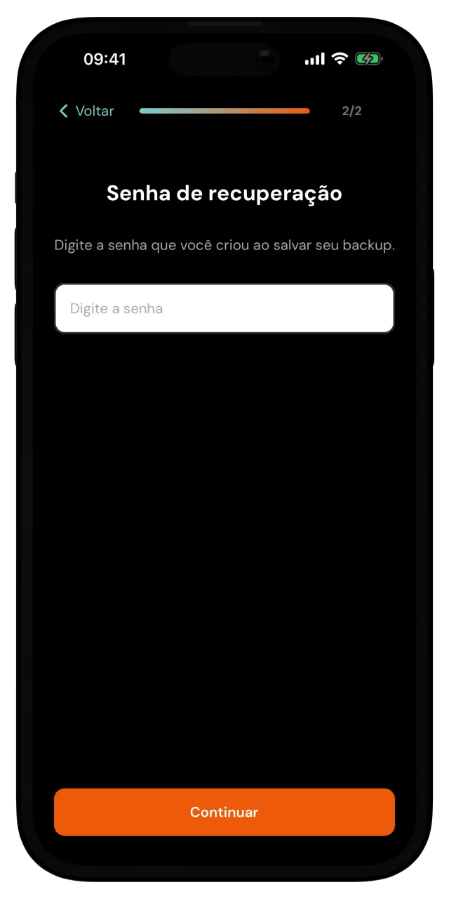 Tela Senha de recuperação com o campo de senha