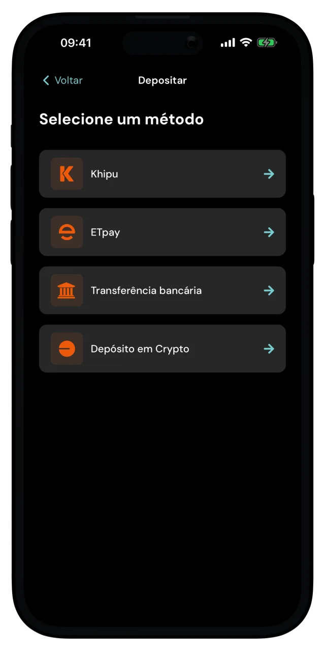 Tela Depositar com as opções de pagamento locais