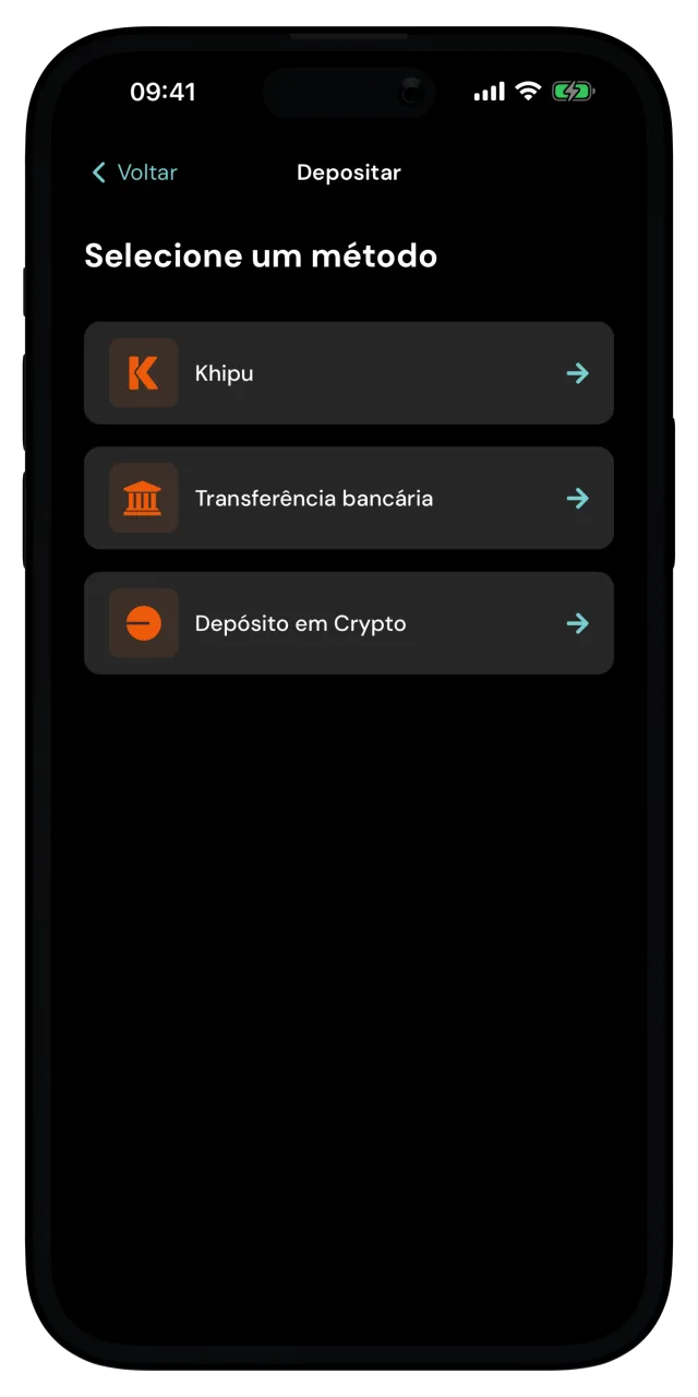 Tela Depositar com Khipu, Transferência bancária e Depósito em Crypto