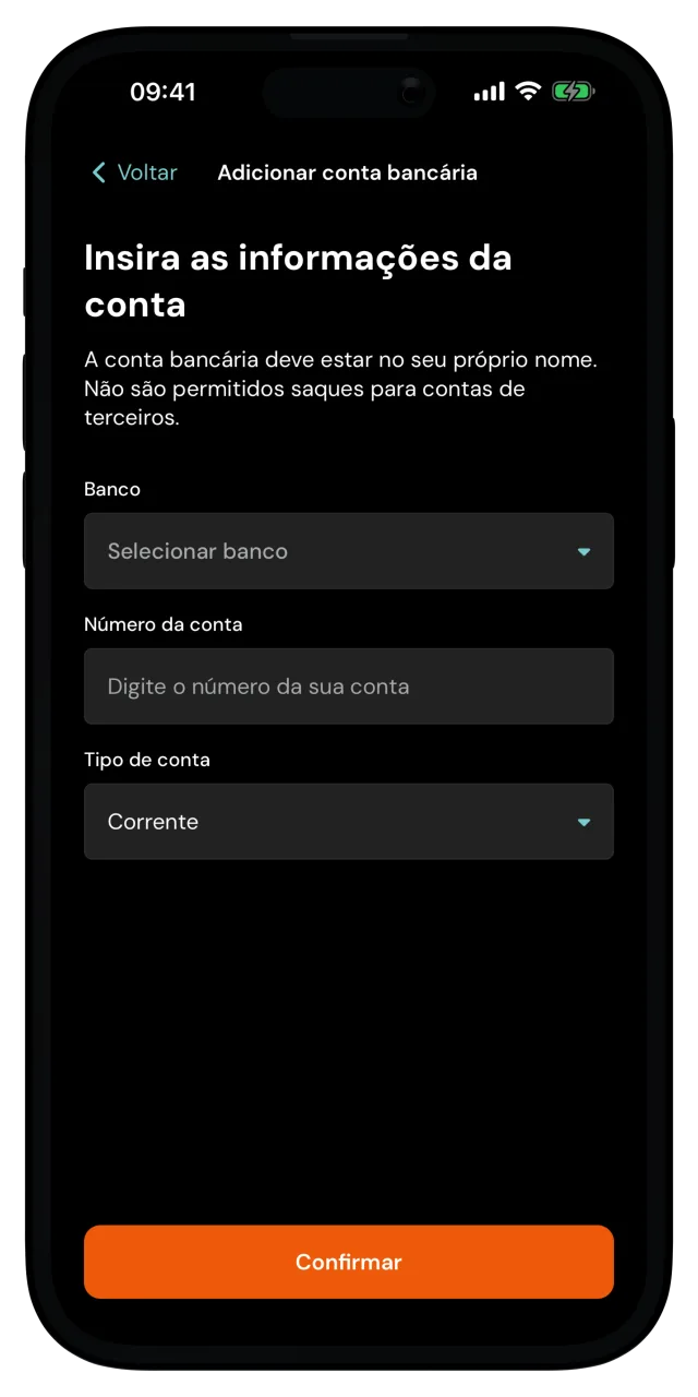 Tela Adicionar conta bancária com os campos Banco, Número da conta e Tipo de conta