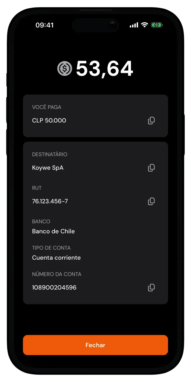 Tela de dados do pagamento com o valor, o destinatário e o número da conta