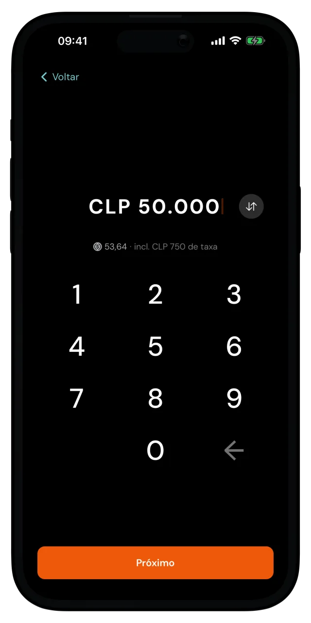 Tela de valor do depósito com 50.000 pesos chilenos digitados