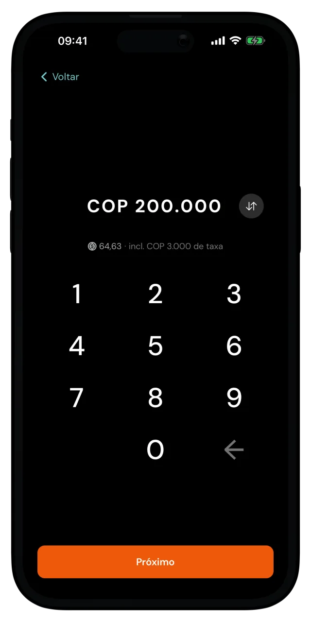 Tela de valor do depósito com 200.000 pesos colombianos digitados