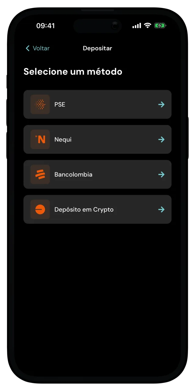 Tela Depositar com PSE, Nequi, Bancolombia e Depósito em Crypto
