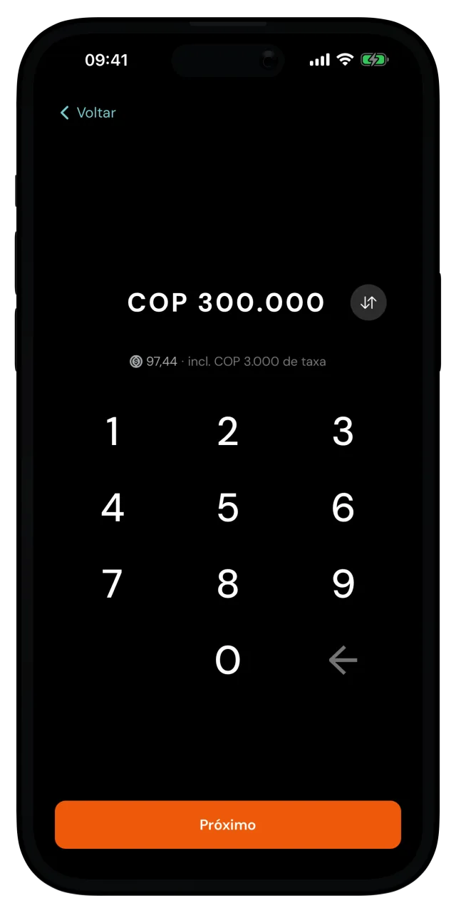 Tela de valor do depósito com 300.000 pesos colombianos digitados