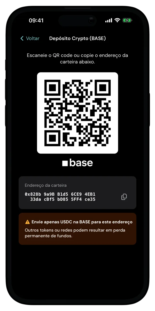 Tela Depósito Crypto (BASE) com o QR code e o endereço da carteira