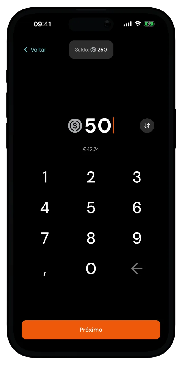 Tela de valor do saque em crypto com 50 dólares digitais digitados