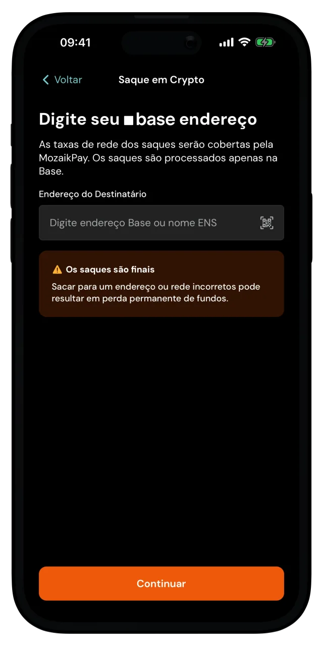 Tela Digite seu endereço Base com o campo de endereço do destinatário