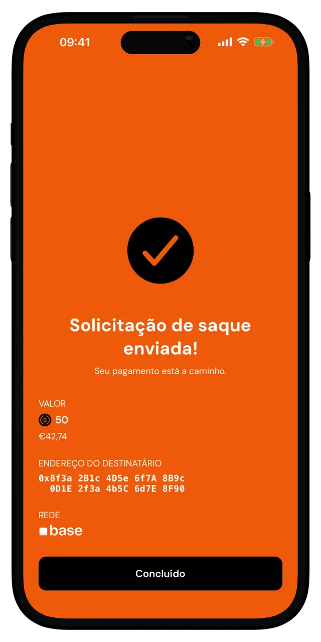 Tela de sucesso confirmando o envio da solicitação de saque